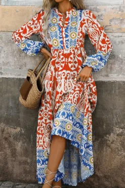 Discount Dear-Lover Boho Geometric Printed Long Sleeve Maxi Dress Orange