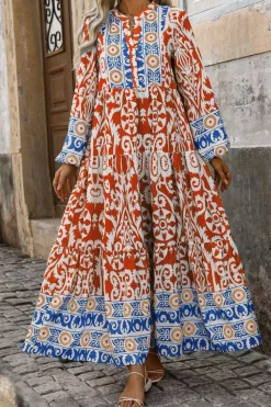 Discount Dear-Lover Boho Geometric Printed Long Sleeve Maxi Dress Orange