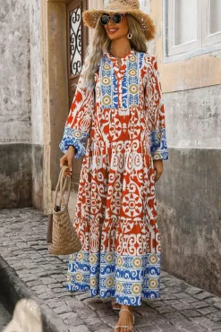 Discount Dear-Lover Boho Geometric Printed Long Sleeve Maxi Dress Orange