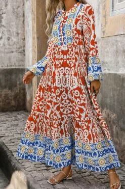 Discount Dear-Lover Boho Geometric Printed Long Sleeve Maxi Dress Orange