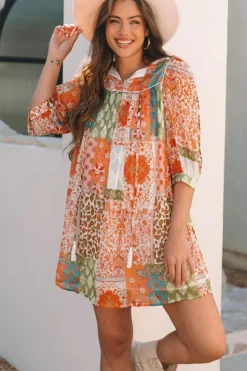 Discount Dear-Lover Boho Paisley Mixed Print 3/4 Sleeve Chiffon Loose Dress Orange