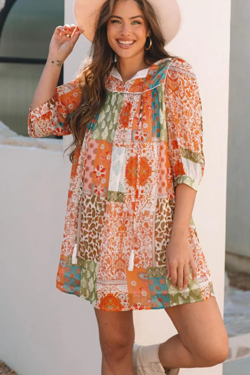 Discount Dear-Lover Boho Paisley Mixed Print 3/4 Sleeve Chiffon Loose Dress Orange