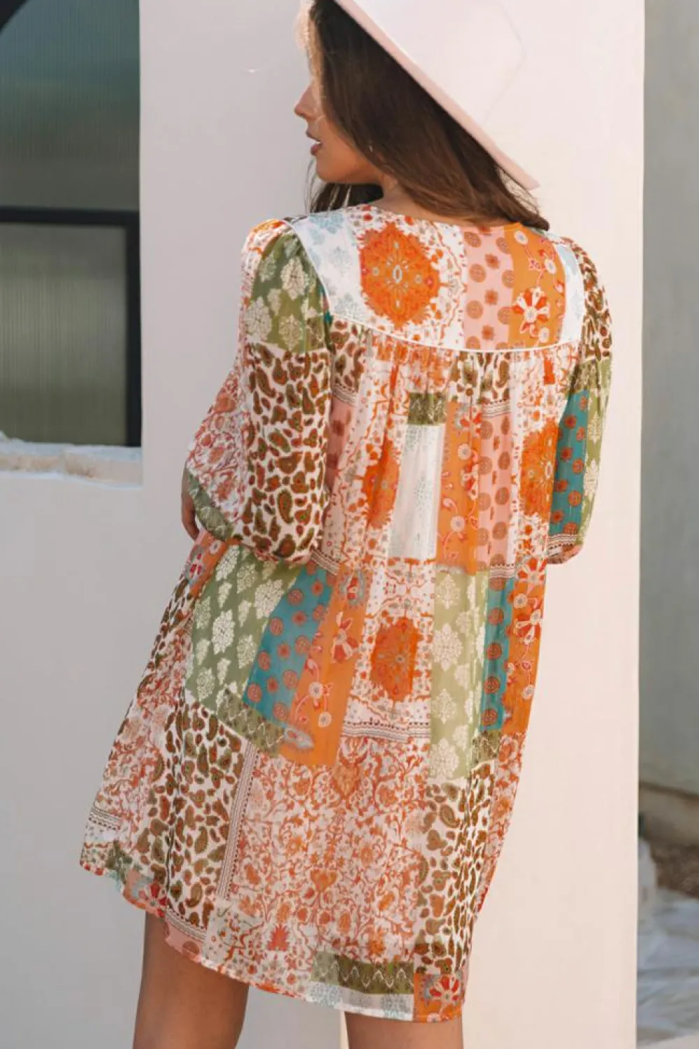 Discount Dear-Lover Boho Paisley Mixed Print 3/4 Sleeve Chiffon Loose Dress Orange