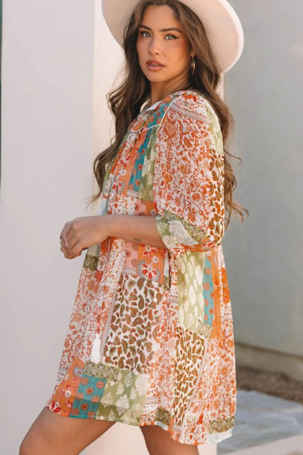 Discount Dear-Lover Boho Paisley Mixed Print 3/4 Sleeve Chiffon Loose Dress Orange
