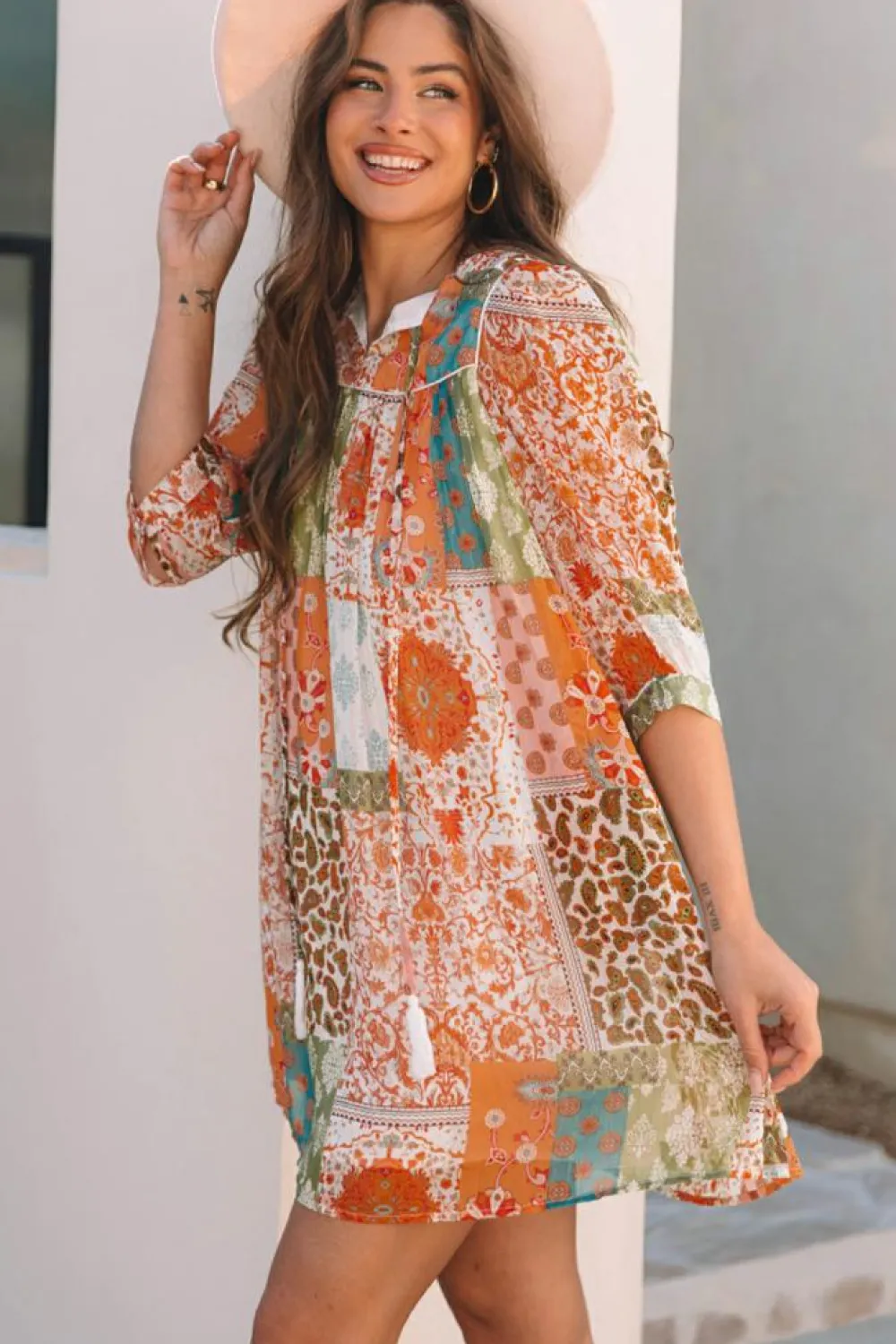 Discount Dear-Lover Boho Paisley Mixed Print 3/4 Sleeve Chiffon Loose Dress Orange