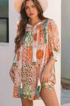 Discount Dear-Lover Boho Paisley Mixed Print 3/4 Sleeve Chiffon Loose Dress Orange