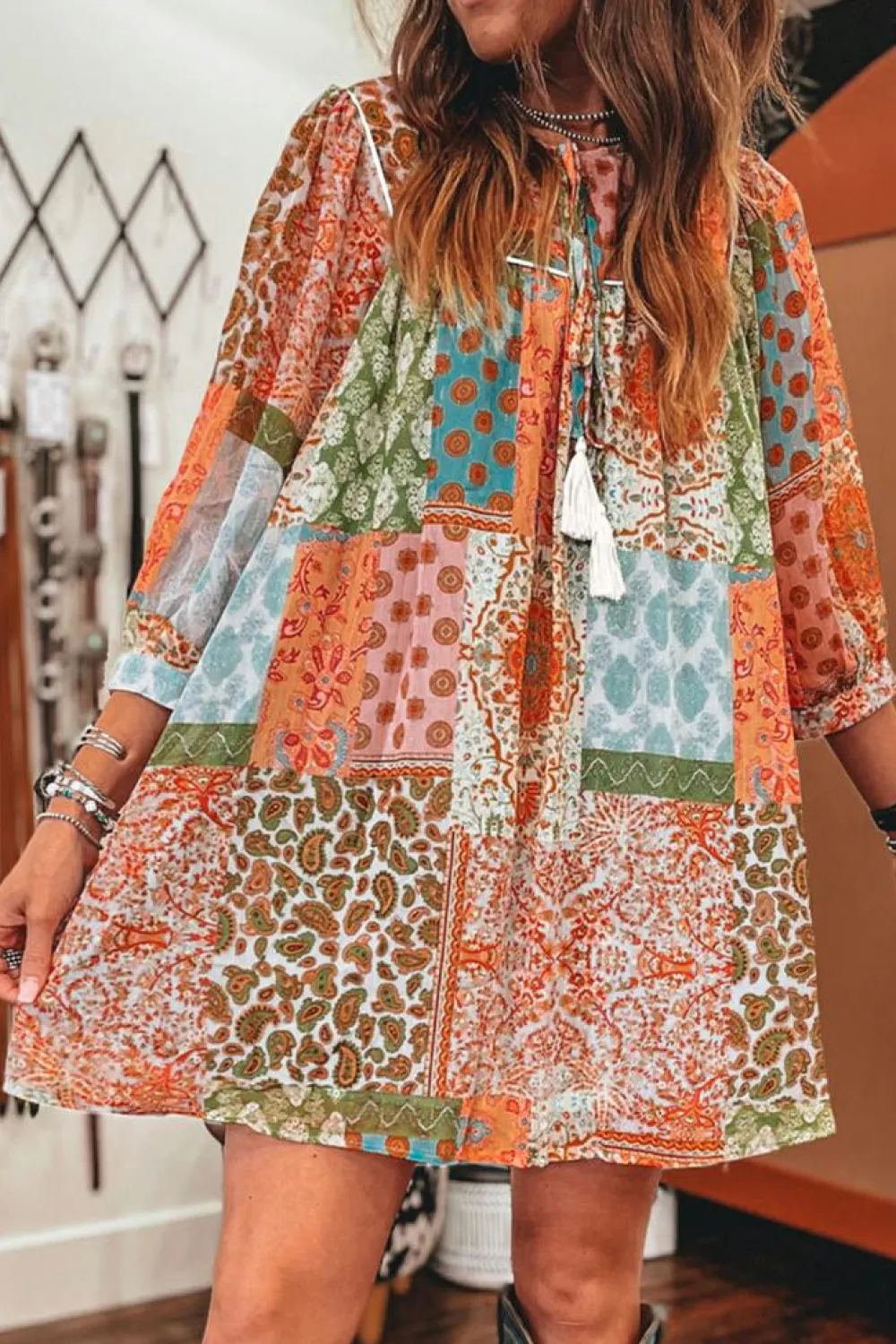 Discount Dear-Lover Boho Paisley Mixed Print 3/4 Sleeve Chiffon Loose Dress Orange