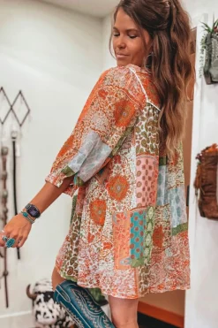 Discount Dear-Lover Boho Paisley Mixed Print 3/4 Sleeve Chiffon Loose Dress Orange
