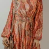 Fashion Dear-Lover Boho Paisley Print Long Sleeve Pleated Belted Mini Dress Orange