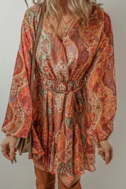 Fashion Dear-Lover Boho Paisley Print Long Sleeve Pleated Belted Mini Dress Orange