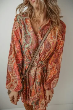 Fashion Dear-Lover Boho Paisley Print Long Sleeve Pleated Belted Mini Dress Orange