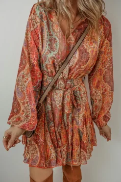 Fashion Dear-Lover Boho Paisley Print Long Sleeve Pleated Belted Mini Dress Orange