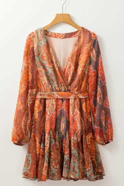 Fashion Dear-Lover Boho Paisley Print Long Sleeve Pleated Belted Mini Dress Orange