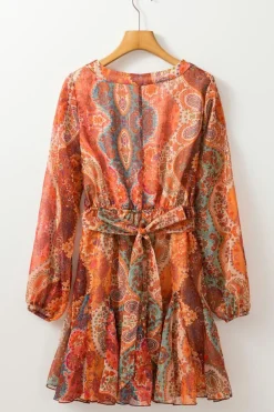 Fashion Dear-Lover Boho Paisley Print Long Sleeve Pleated Belted Mini Dress Orange