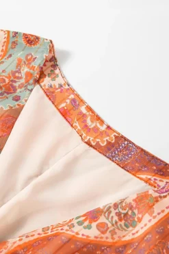 Fashion Dear-Lover Boho Paisley Print Long Sleeve Pleated Belted Mini Dress Orange