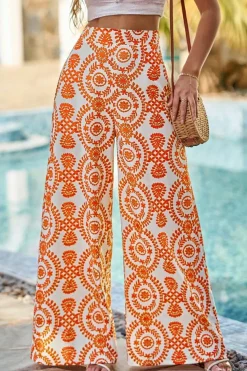 New Dear-Lover Boho Retro Flower Print Wide Leg Pants Orange
