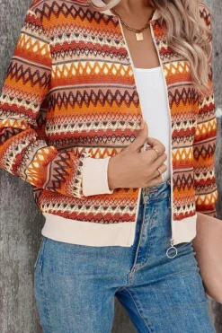 Hot Dear-Lover Boho Striped Zip Up Long Sleeve Jacket Orange