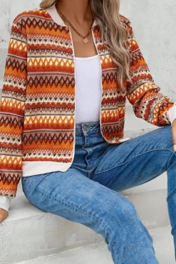 Hot Dear-Lover Boho Striped Zip Up Long Sleeve Jacket Orange