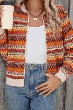 Hot Dear-Lover Boho Striped Zip Up Long Sleeve Jacket Orange