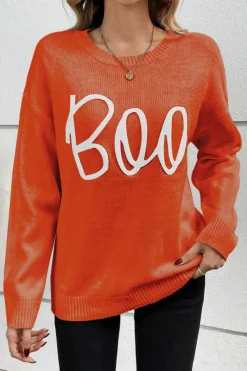 Outlet Dear-Lover Boo Knitted Pattern Ribbed Edge Drop Shoulder Sweater Orange