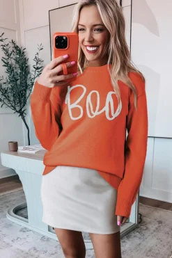Outlet Dear-Lover Boo Knitted Pattern Ribbed Edge Drop Shoulder Sweater Orange