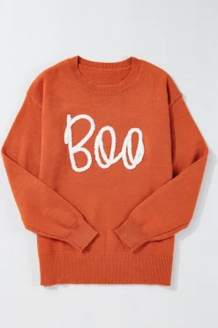 Outlet Dear-Lover Boo Knitted Pattern Ribbed Edge Drop Shoulder Sweater Orange