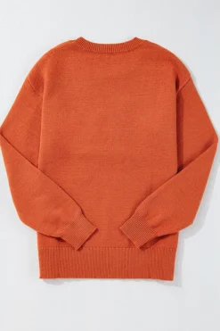 Outlet Dear-Lover Boo Knitted Pattern Ribbed Edge Drop Shoulder Sweater Orange