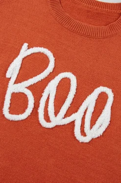 Outlet Dear-Lover Boo Knitted Pattern Ribbed Edge Drop Shoulder Sweater Orange