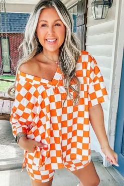 Discount Dear-Lover Checkerboard Print V Neck Loose Tee and Shorts Lounge Set Orange