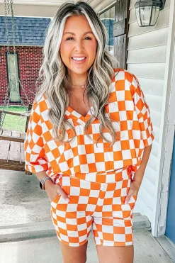 Discount Dear-Lover Checkerboard Print V Neck Loose Tee and Shorts Lounge Set Orange