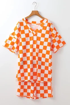 Discount Dear-Lover Checkerboard Print V Neck Loose Tee and Shorts Lounge Set Orange