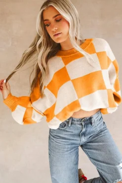 Best Dear-Lover Orange Checkered Bishop Sleeve Sweater Grapefruit Orange