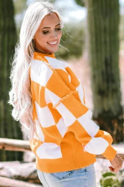 Best Dear-Lover Orange Checkered Bishop Sleeve Sweater Grapefruit Orange
