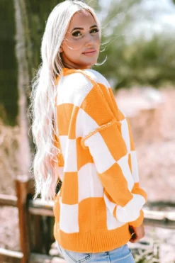 Best Dear-Lover Orange Checkered Bishop Sleeve Sweater Grapefruit Orange