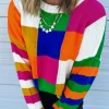 Outlet Dear-Lover Checkered Color Block Round Neck Loose Sweater Orange