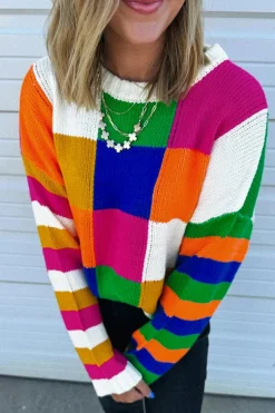 Outlet Dear-Lover Checkered Color Block Round Neck Loose Sweater Orange