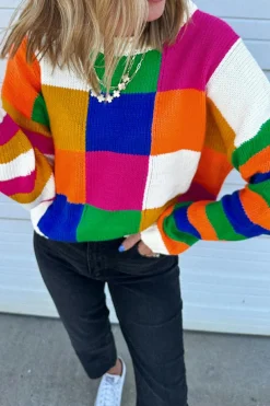 Outlet Dear-Lover Checkered Color Block Round Neck Loose Sweater Orange