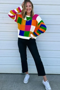 Outlet Dear-Lover Checkered Color Block Round Neck Loose Sweater Orange