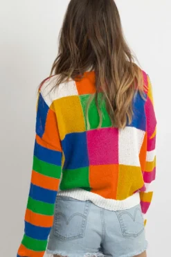 Outlet Dear-Lover Checkered Color Block Round Neck Loose Sweater Orange