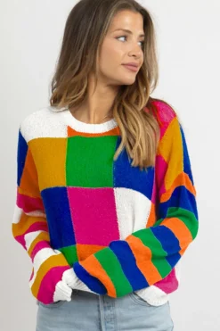 Outlet Dear-Lover Checkered Color Block Round Neck Loose Sweater Orange