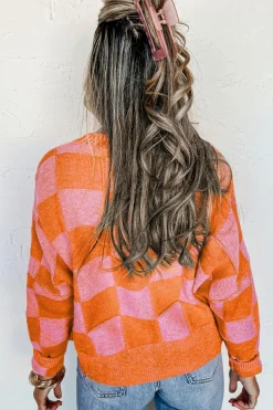 New Dear-Lover Checkered Drop Shoulder Buttoned V Neck Cardigan Orange