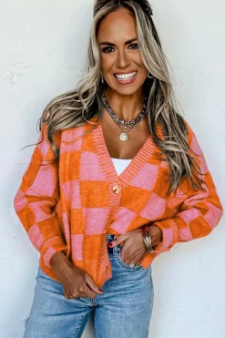 New Dear-Lover Checkered Drop Shoulder Buttoned V Neck Cardigan Orange
