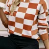 New Dear-Lover Checkered Ribbed Edge O Neck Drop Shoulder Sweater Orange