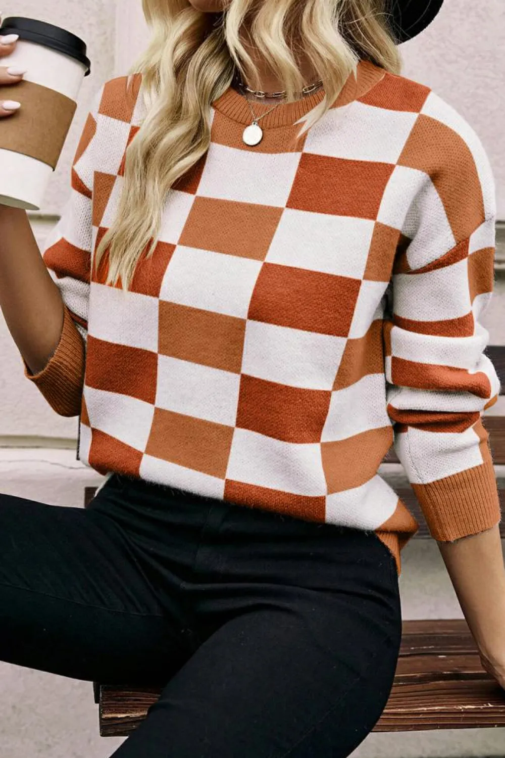 New Dear-Lover Checkered Ribbed Edge O Neck Drop Shoulder Sweater Orange