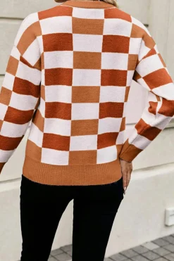 New Dear-Lover Checkered Ribbed Edge O Neck Drop Shoulder Sweater Orange