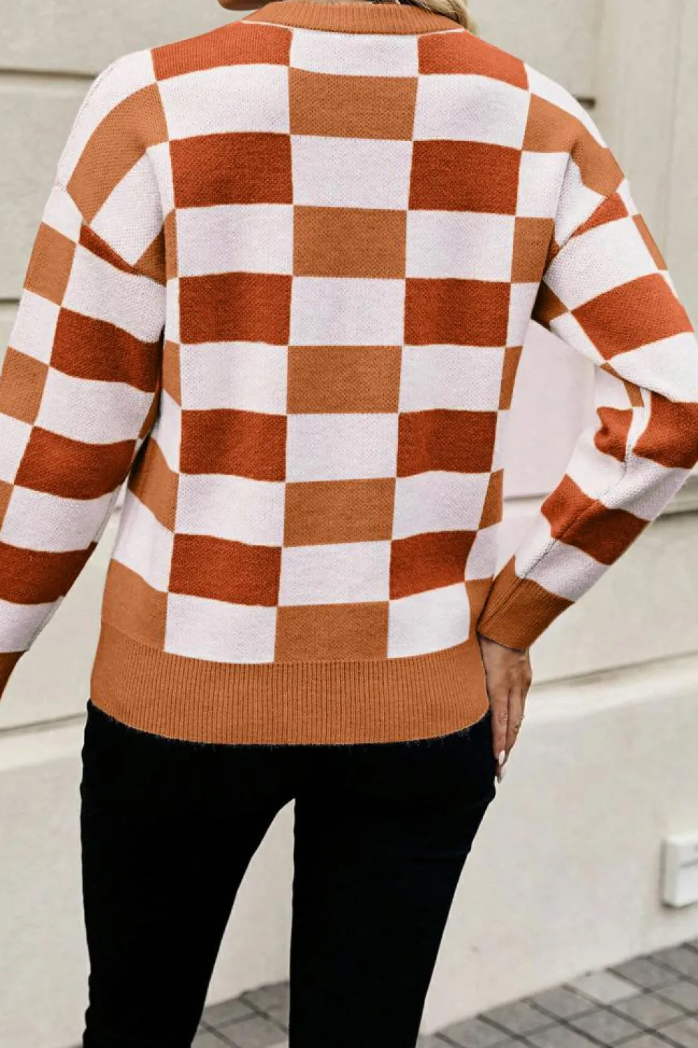 New Dear-Lover Checkered Ribbed Edge O Neck Drop Shoulder Sweater Orange