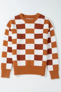 New Dear-Lover Checkered Ribbed Edge O Neck Drop Shoulder Sweater Orange
