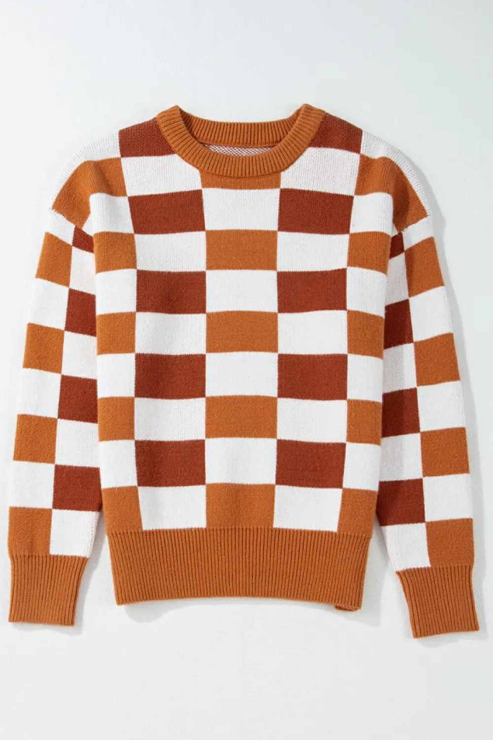 New Dear-Lover Checkered Ribbed Edge O Neck Drop Shoulder Sweater Orange