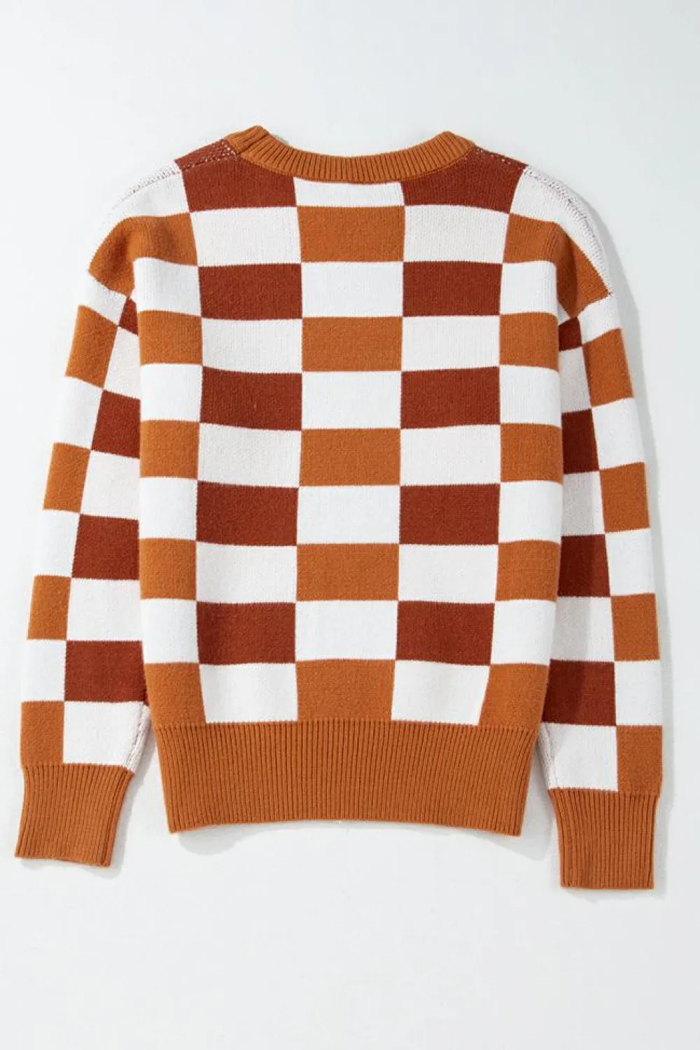 New Dear-Lover Checkered Ribbed Edge O Neck Drop Shoulder Sweater Orange