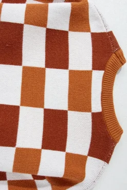 New Dear-Lover Checkered Ribbed Edge O Neck Drop Shoulder Sweater Orange